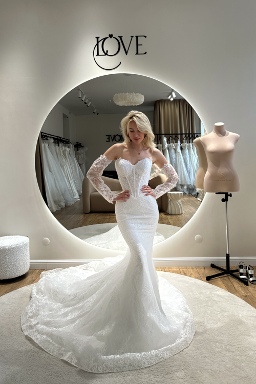 Свадебное платье русалка кружевная со съемными рукавами